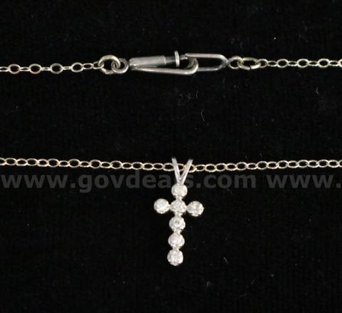 14K White Gold Rolo Design Necklace With Diamond Cross Pendant, 1.7 Grams