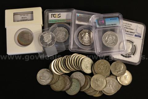 65 Assorted Kennedy Clad and Silver Half Dollars, 5 Graded and Slabbed