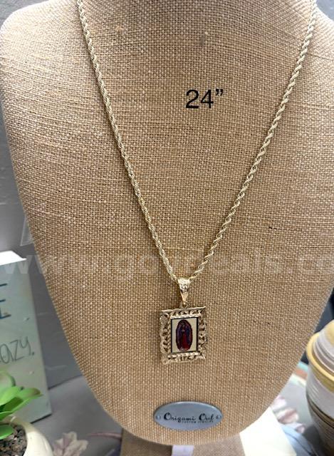 Beautiful, 24", 4MM 24k Gold, Rope Necklace W/Framed Lady of Guadalupe Pendant