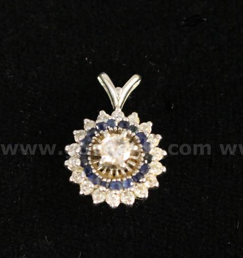 14K White Gold Round Pendant With Diamonds & Blue Stones, 2.8 Grams