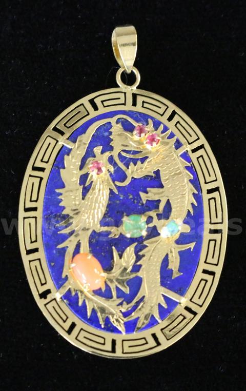 14K Yellow Gold Dragon Design Pendant With Blue Lapis & Colored Stones, 5.6 G