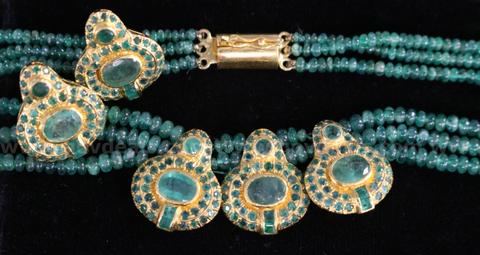 22K Yellow Gold Emerald Triple Strand Necklace & Earrings Jewelry Set, 43.7 Gram