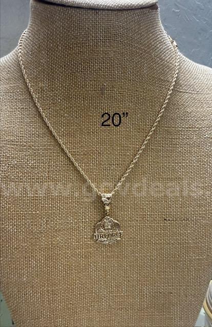 22", 2 MM, 24k Gold, Rope Chain Necklace W/Air Force Pendant