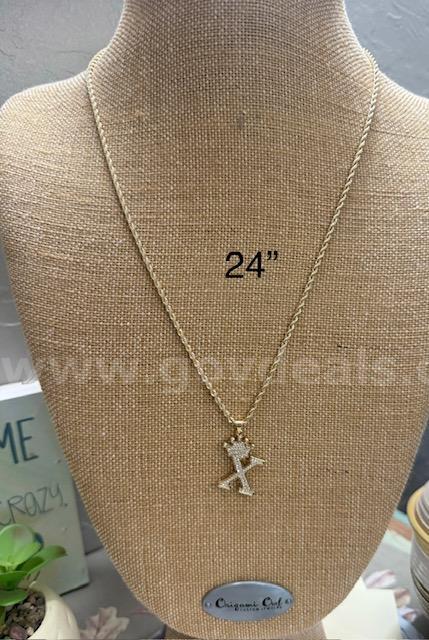 Beautiful, 2MM, 24", 24k Gold Rope Necklace W/CZ "X" Initial Pendant