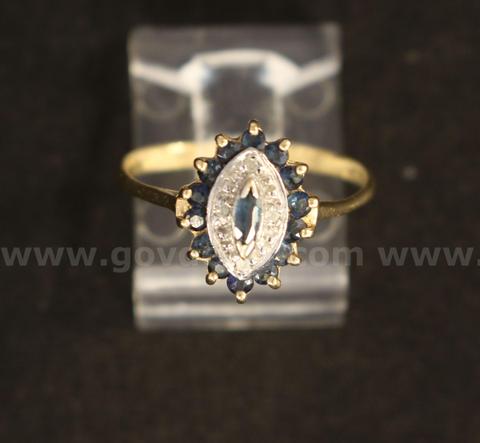10K Yellow Gold Diamond Ring With Blue Sapphire Stones, 1.7 Grams
