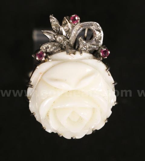 Sterling Silver Rose Motif Ring with Rubies and Diamonds, 9.1 Grams