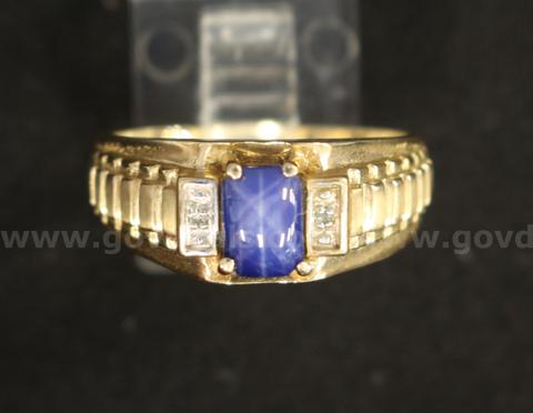 10K Yellow Gold Ring With Synthetic Blue Sapphire & Diamonds, 4.6 Grams