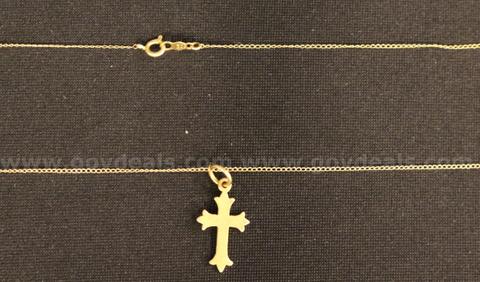 14k Yellow Gold Thin Curb Link Necklace with Cross Pendant, 1.4 Grams