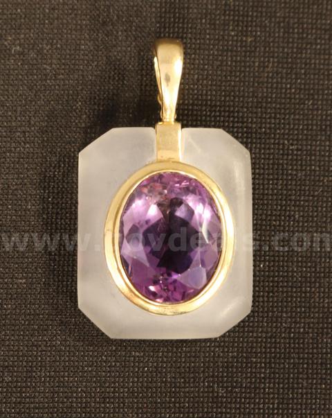 14k Yellow Gold Frosted Glass Enhancer Pendant with Amethyst, 7.3 Grams