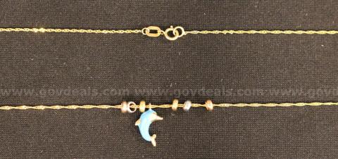 14K Yellow Gold Twisted Curb Link Necklace with Dolphin Pendant, 1.2 Grams