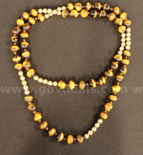 34" Strand Of Tigers Eye Beads With 16K Yellow Gold Beaded Spacers, 86.4 Grams