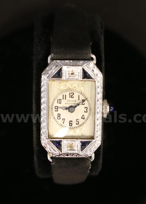 Vintage Bruner Master-Bilt 15 Jewel Watch 14K W/G Case W/Blue Stones & Diamonds