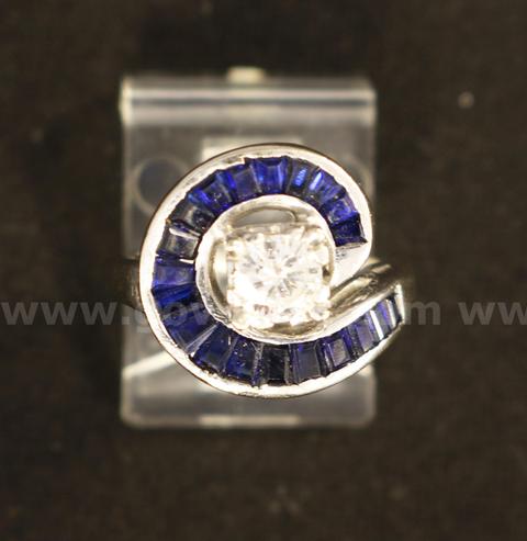 14K White Gold Diamond Ring With Sapphire Stones, 4.8 Grams