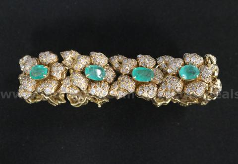 18K Yellow Gold Diamond & Emerald Flower Motif Bracelet, 73.6 Grams