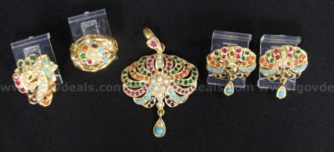 22k Yellow Gold Pendant, Rings, and Earrings with Multi-Color Stones, 26.4 Grams