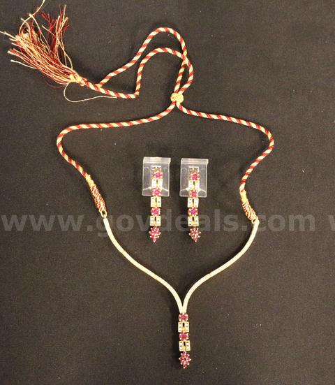 22K YG Dangle Design Dori Necklace With Red & Clear Stones Jewelry Set, 31.1 TGW