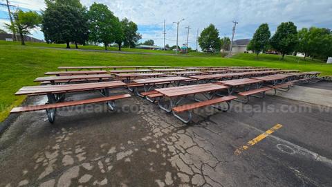 40 PICNIC TABLES- WOOD AND METAL, 8 FOOT LONG. COMMERCIAL USE. ALL IN GOOD ORDER