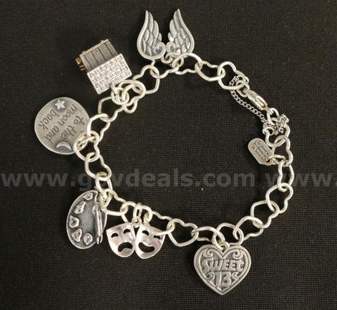 James Avery Sterling Silver Connected Heart Bracelet W/7 Charms, 31.3 Grams