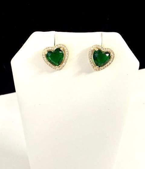 Beautiful, 24k Gold Clad, CZ Framed Emerald Heart Earrings