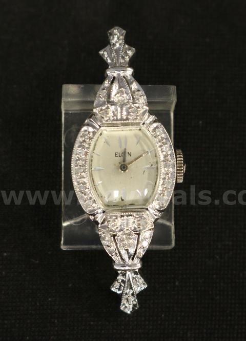 Vintage Ladies Elgin 14k White Gold Watch Head With Diamonds, 5.5 Grams
