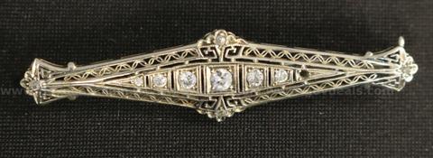 18K White Gold Filigree Diamond Brooch, 6.2 Grams