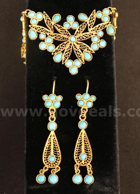 18k Yellow Gold Filigree Design Necklace and Earrings with Turquoise, 32.9 Grams