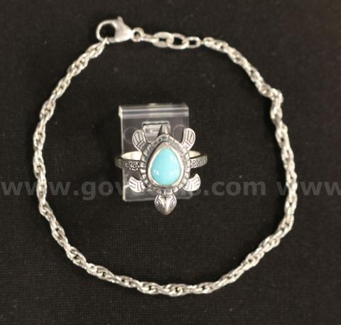 James Avery Sterling Silver Rope Bracelet and Turtle Gemstone Ring, 10.3 Grams