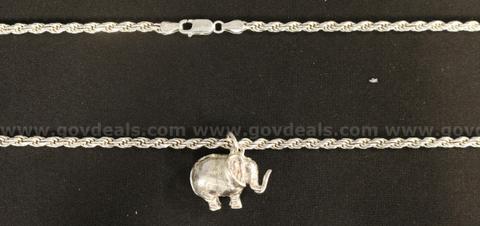 Sterling Silver Rope Chain Necklace and Elephant Pendant, 48.1 Grams