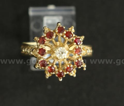 14k Yellow Gold Halo Style Ring with Red Garnets and Diamond, 6.0 Grams