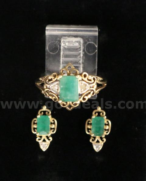 10k Yellow Gold Ring and Earring Set with Emeralds and Diamonds, 4.1 Grams