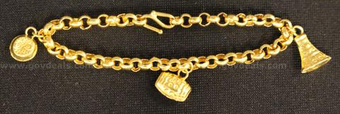23k Yellow Gold Baby Rolo Link Charm Bracelet with 3 Charms, 5.9 Grams