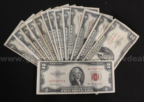 54 Assorted U.S. Two Dollar Red Note Bills