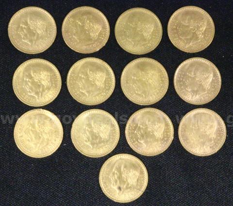 13- 1945 Mexican Dos y Medio Pesos Gold Coins, 27.1 Grams Total