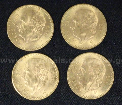4- 1959 Mexico Diez Pesos Gold Coins, 33.2 Grams Total