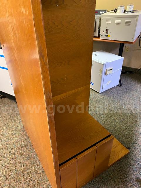 Wooden Desk, Slide Projector, Metal Shelf