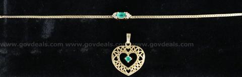 14k Yellow Gold Bracelet and Pendant with Emeralds and Diamonds, 3.0 Grams