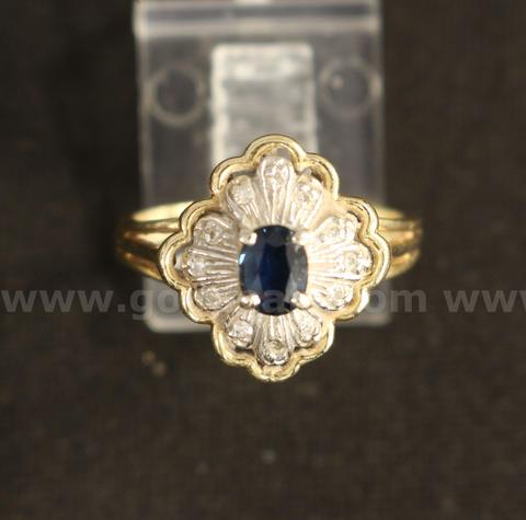 14K Yellow Gold Diamond Ring With Sapphire Stone, 3.8 Grams