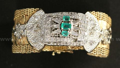 Vintage 14k Yellow Gold Bracelet with Emeralds and Diamonds, 64.1 Grams