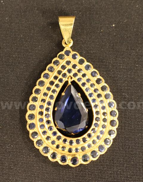 22K Yellow Gold Large Pear Shaped Pendant W// Blue Sapphires, 18.2 Grams