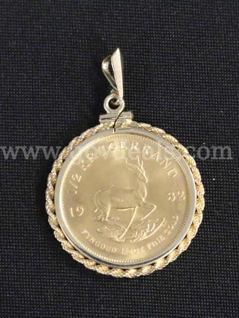 1982 South African 1/2 Oz. Krugerrand in 14k Yellow Gold Rope Bezel, 21.9 Grams