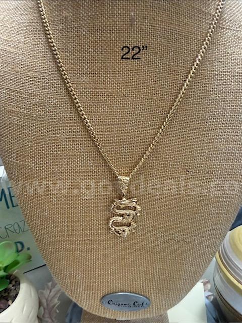 22", Curb Link, 24k Gold, Chain Necklace W/Diamond Cut Dragon Pendant