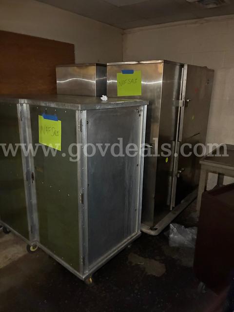 Lot of 3 food holding cabinets/carts, CO2 cylinder, 3 stainless steel plate carts, and small hot service warming bath