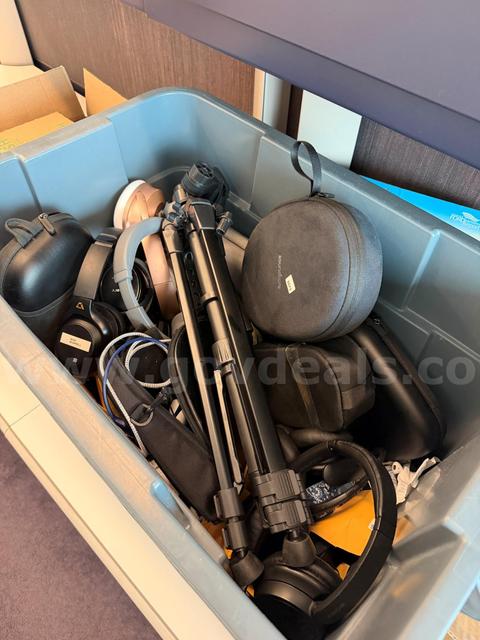 Lot of abandoned assorted electronics - airpods, headphones, tripods, & more
