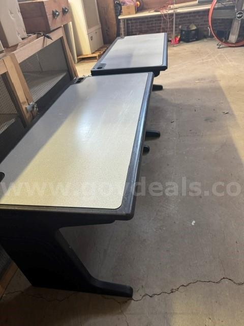 2  - PLASTICS DESKS (APPROX 59.5" X 26.5" X 30.5") AND FILE CABINET