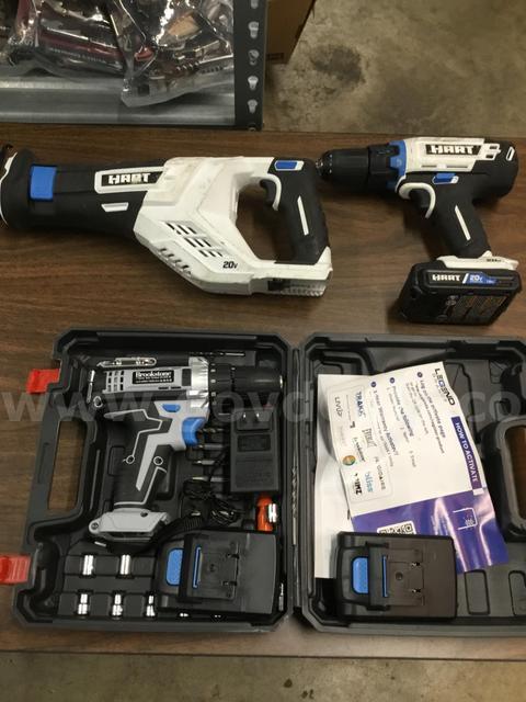 Lot of misc box items-Hart drill gun, Brookstone drill gun, Hart reciprocating saw (NO BATTERIES INCLUDED)  "DH"