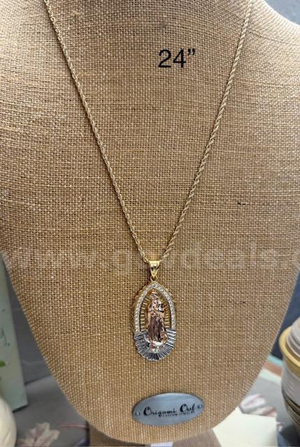 Gorgeous, 24k Gold, CZ Tri-Colored, Gold, Mary Medallion Pendant W/24", 2MM Rope Chain