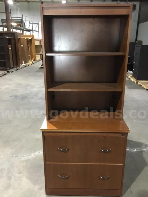 31 (LENGTH) x 69 (HEIGHT) dark brown two drawer file cabinet, with an attached two shelf storage (ONE KEY LOCK) "DH"