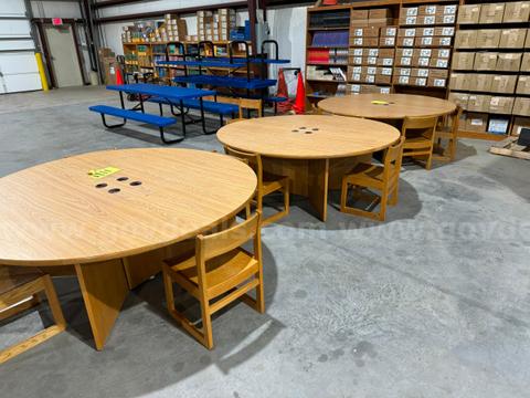 Lot of 3 Wooden Round Tables And Chairs