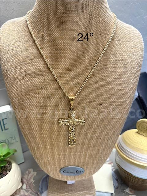 Beautiful, 24", 24k Gold, 4MM Rope Chain W/Large Cross Pendant