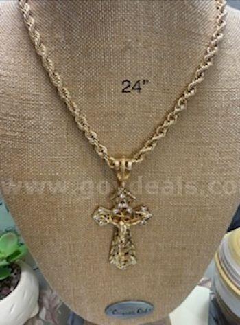 24k Gold, 7MM, 24 Inch, Rope Chain Necklace W/Huge CZ Cross